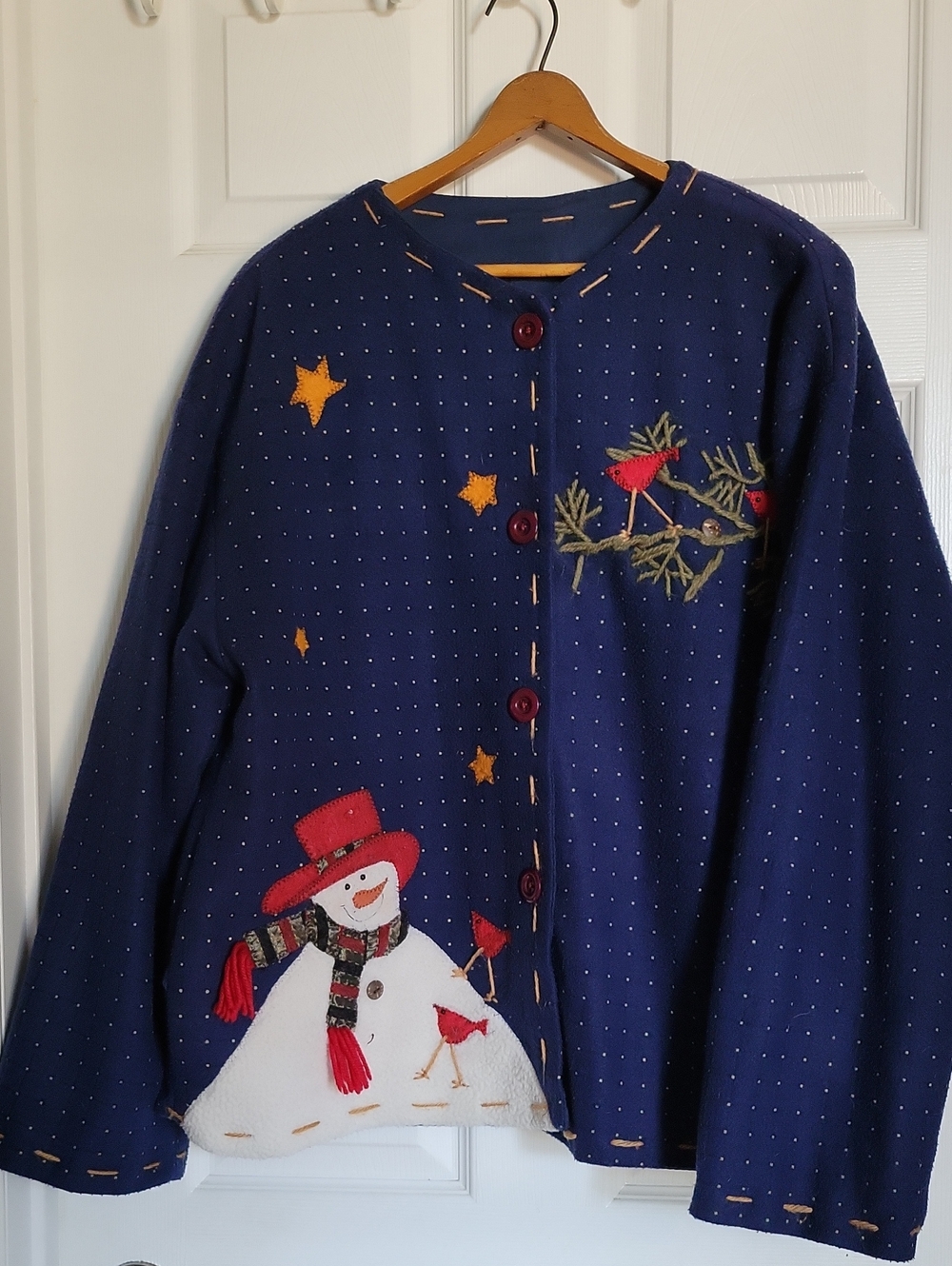 Womens Snowman Fleece Cardigan With Red Birds And Snowman Side Pocket No Sz Tag